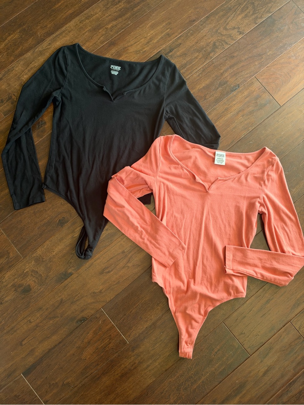 Set of 2 - PINK Long-Sleeve V-Notch Thong-back Bodysuit - Black & Coral